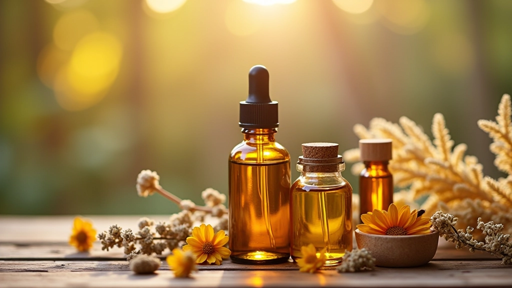 Aromaterapie a vonné olejí rozlité do různých skleniček, složené s květinami a aromatickými bylinkami